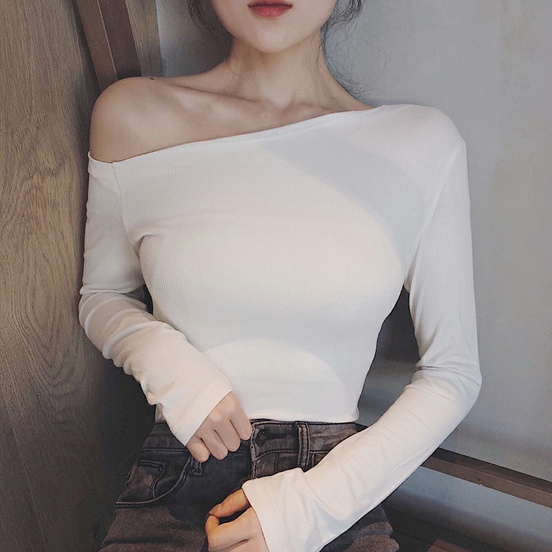 New Korean-style Chic Distinctive Oblique Collar Shoulder Tight Slim-fit Long-sleeved T-shirt Women's Autumn Solid Color Simple Top Trendy T-shirt New Korean-style Chic Distinctive Oblique Collar Shoulder Tight Slim-fit Long-sleeved T-shirt Women's Autumn Solid Color Simple Top Trendy T-shirt