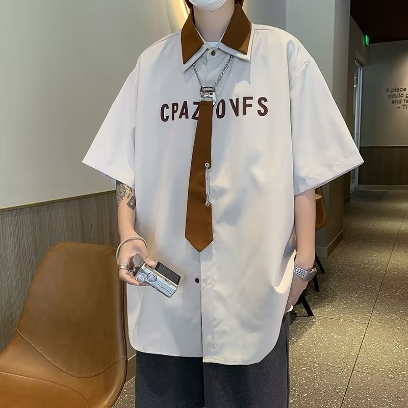 Design Sense Tie Shirt Men's Short-sleeved American Style Vintage Ins Casual Shirt Summer Trendy Brand Loose Top for Couple