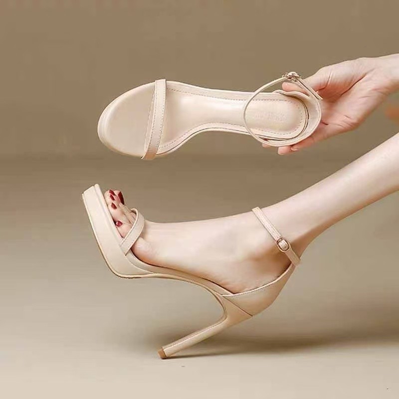 2025 New Summer Black Sexy Sw One-Line Buckle Open-Toe High Heels Stiletto Waterproof Platform Super High Sandals