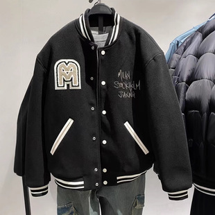 With-European and American men's wholesale black letter embroidery patch quilted jacket bomber jacket baseball suit