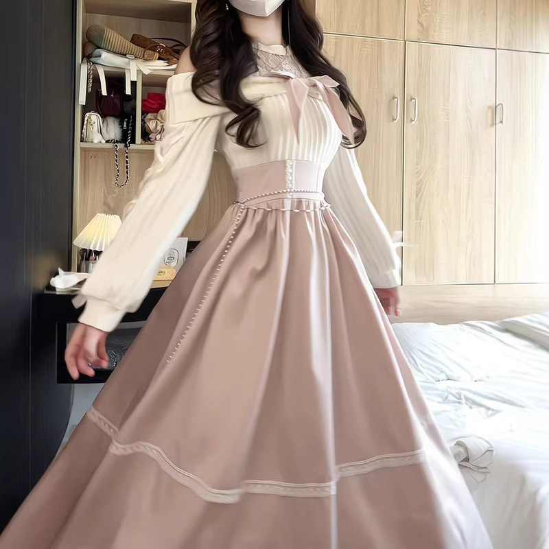Gentle Style Off-The-Shoulder Dress for Women in Autumn, Light Pink, Sweet Bow Tie, Lace Waist-Cinching, Cute Long Dress, Trendy Gentle Style Off-The-Shoulder Dress for Women in Autumn, Light Pink, Sweet Bow Tie, Lace Waist-Cinching, Cute Long Dress, Trendy