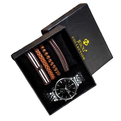 Men's Fashionable Steel Strap Quartz Watch + Bracelet Set-5PCS/Set