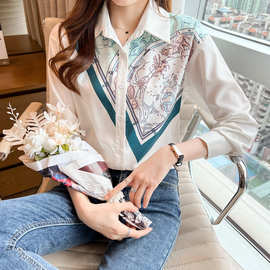 春季新韩版时尚感拼接廓形时尚印花翻领显瘦长款衬衫