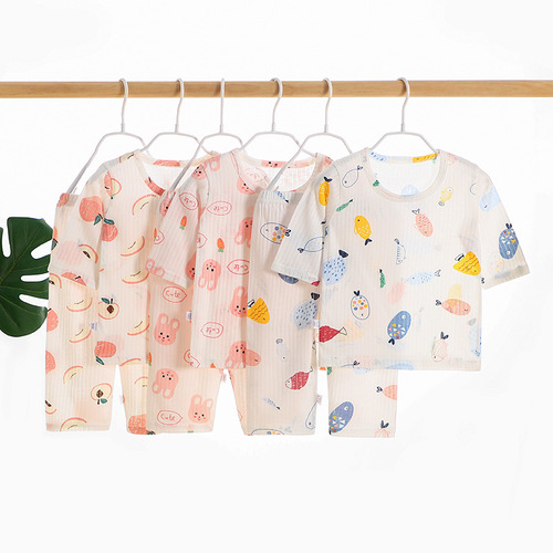 Two sets of children's summer thin air-conditioned clothing suits for boys and girls aged 1-6 years old, three-quarter sleeve home pajamas