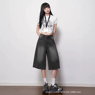 复古夏季小众百搭美式复古做旧蓝牛仔女宽松直筒阔腿七分裤垂坠感