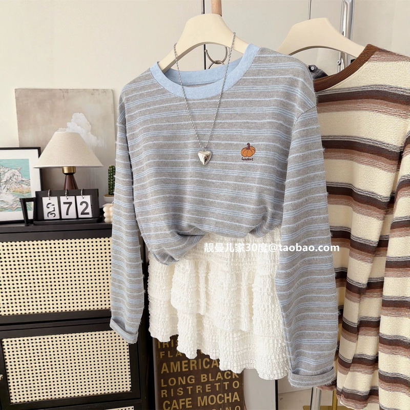 Original fabric Sorona neckline plus size 120kg Autumn loose striped pumpkin embroidered top color-block long-sleeve T-shirt
