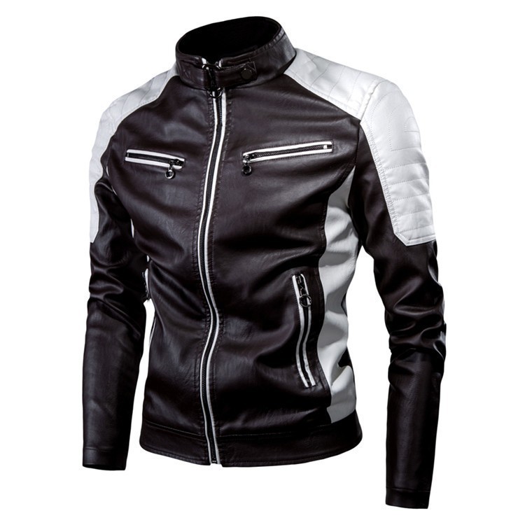 2026 primavera y otoño locomotora casual chaqueta de cuero empalmado chaqueta de cuero de moda masculina de collar retró cálida chaqueta de cuero