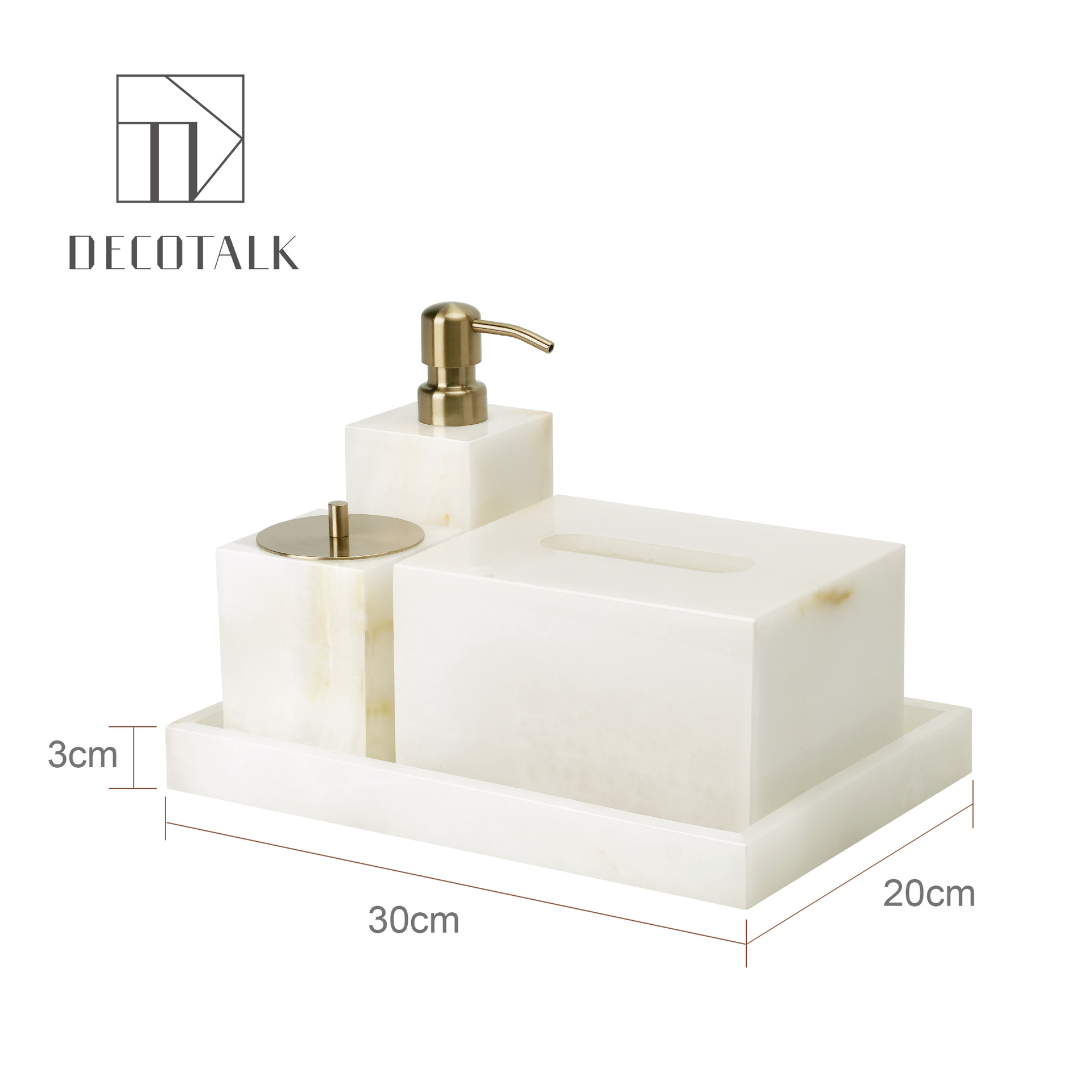 DecoTalk, lujo ligero, estilo antiguo, jade blanco, mármol natural, kit de lavado de baño, bandeja de caja de pañuelos de aromaterapia