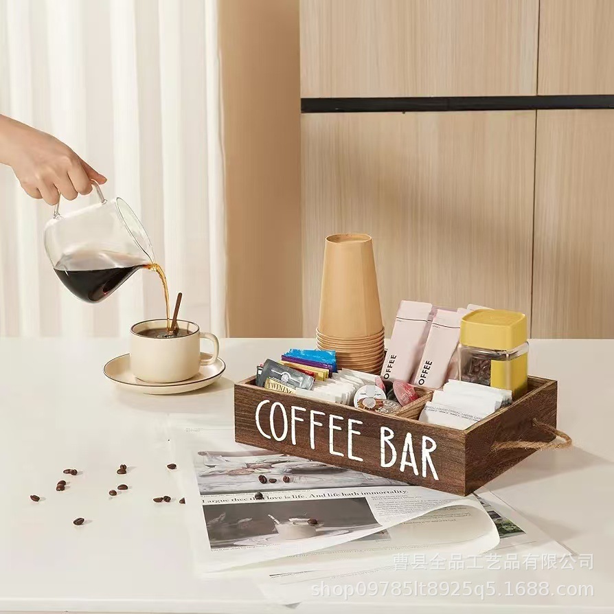 Caja de almacenamiento de café de madera con partición Caja de acabado de barra de café para el hogar con manija Caja de madera de estilo rural de granja