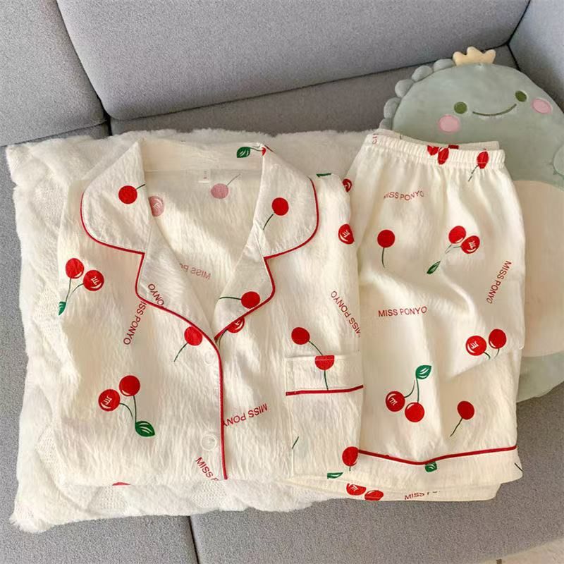 Venta al por mayor transfronteriza verano nuevo pijama mujer nube rebeca de solapa de algodón pantalones cortos de manga corta traje de servicio a domicilio dulce y lindo