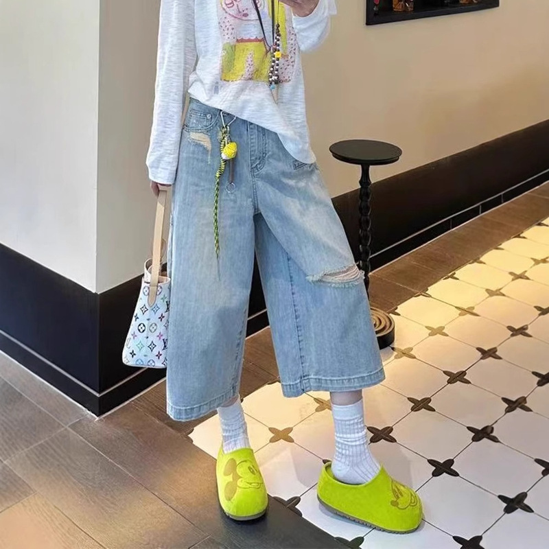 Ripped Jeans for Women, Summer New Style, Pear-Shaped Figure, High Waist, Slimming, Large Size Design, Workwear, Wide-Leg Cropped Pants