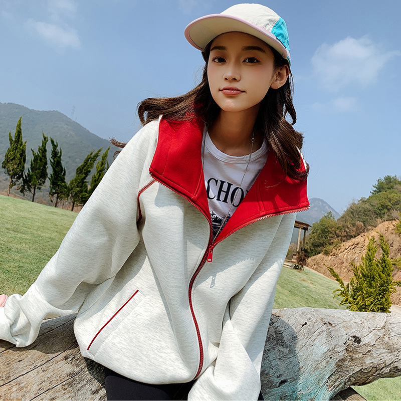 White and gray color-blocked Hasselblad-style hooded sweatshirt for women, autumn American college style, casual sporty cardigan jacket for couples