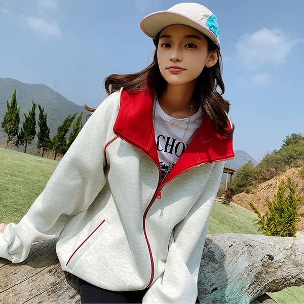 White and gray color-blocked Hasselblad-style hooded sweatshirt for women, autumn American college style, casual sporty cardigan jacket for couples