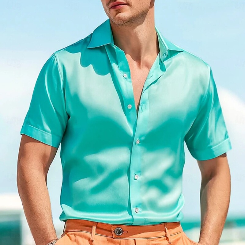 Cross-Border Summer Satin Stand-Up Collar Button Short-Sleeved Shirt Men's Casual Loose Men's Large Size Shirt