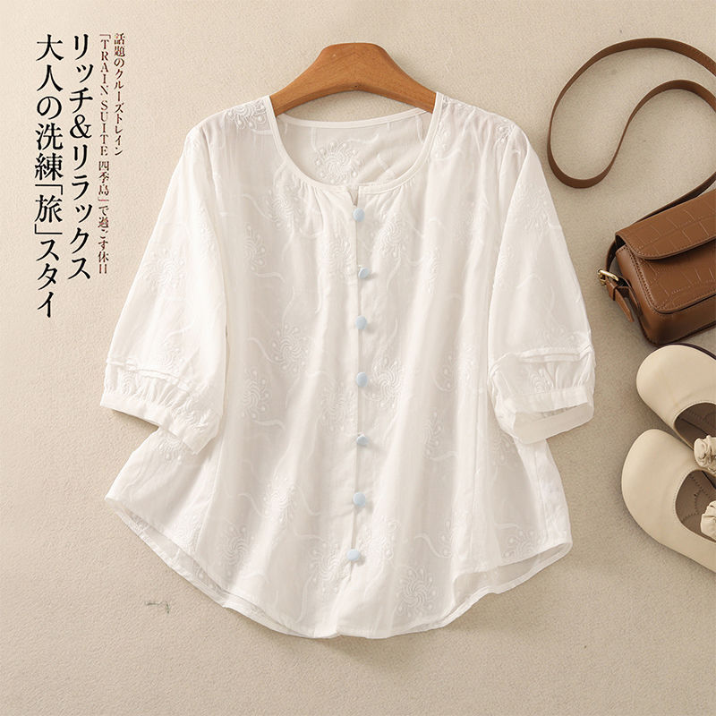 綿刺繍夏の新しいデザイン文学ラウンドネックルーズシャツ薄い白七分袖シャツ女性用|undefined