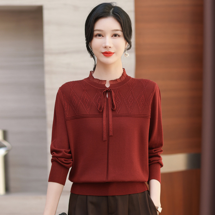 洋气宽松花边领打底衫薄上衣妈妈春装2025年新款时尚减龄针织衫女|undefined