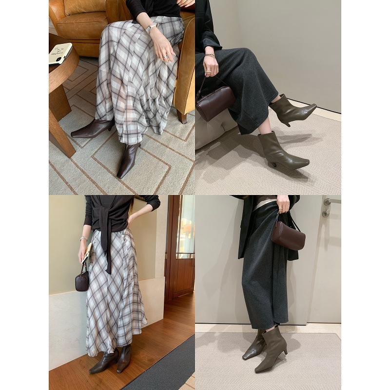 牛皮版~葡萄ma同款增高6.5cm短靴法式方头细跟瘦瘦靴女短筒踝靴|undefined