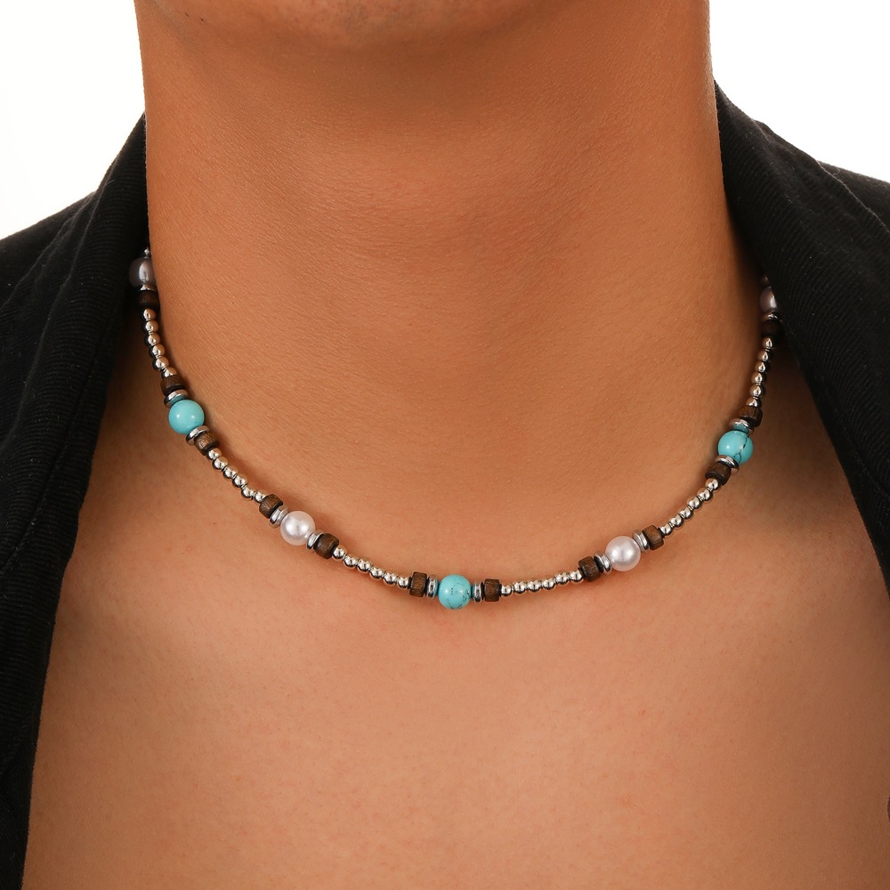 Simple Style Geometric Artificial Pearl Wooden Beads Turquoise Plating Men's Necklace display picture 2