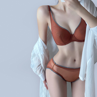 French-Style Sexy Mesh Ultra-Thin Comfortable Soft Underwire Push-Up Bra Set for Large Busts, Minimizing Bra with Triangle Cups for Gathering