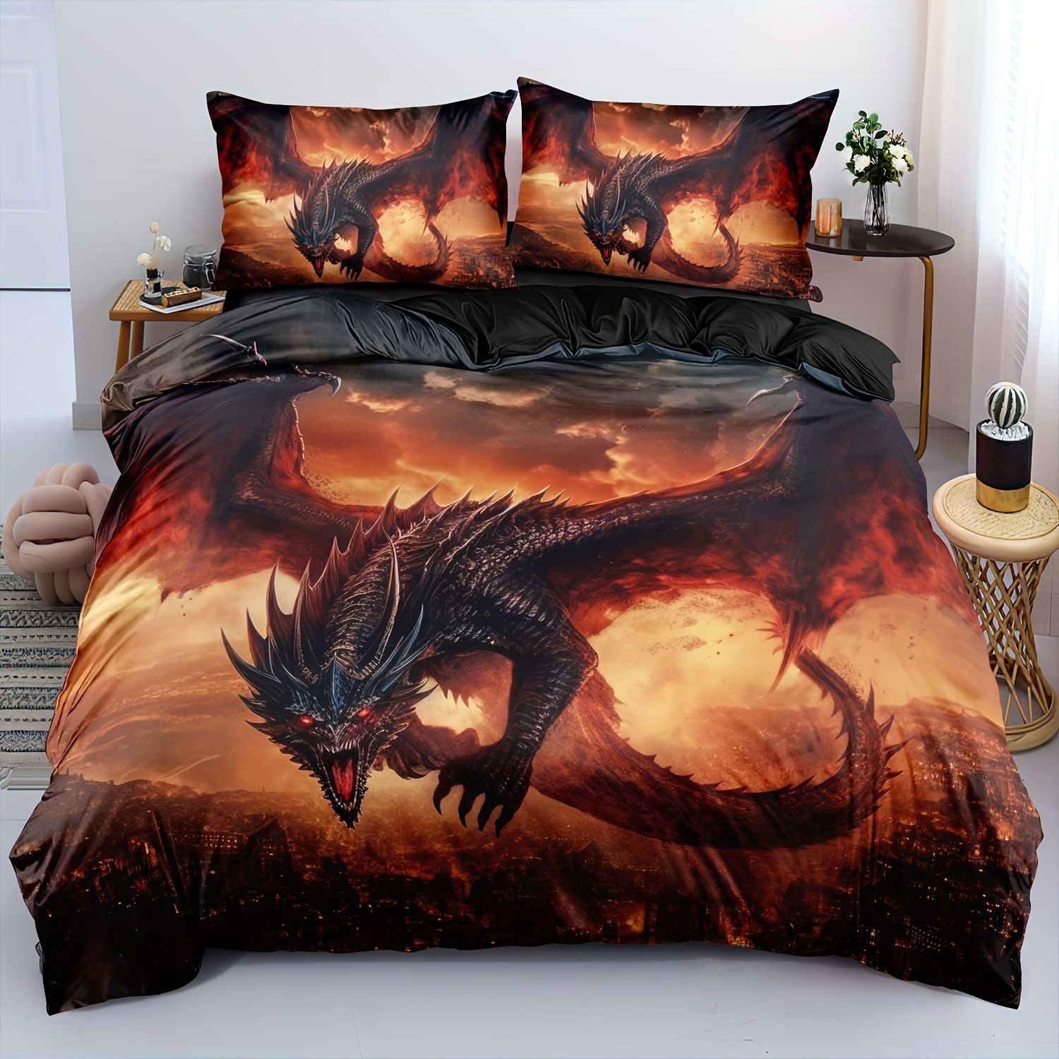 TEMU / JIT transfronterizo explosión molienda impresión digital kit de edredón textil en blanco y negro dibujo de dragón en forma de corazón se puede fijar