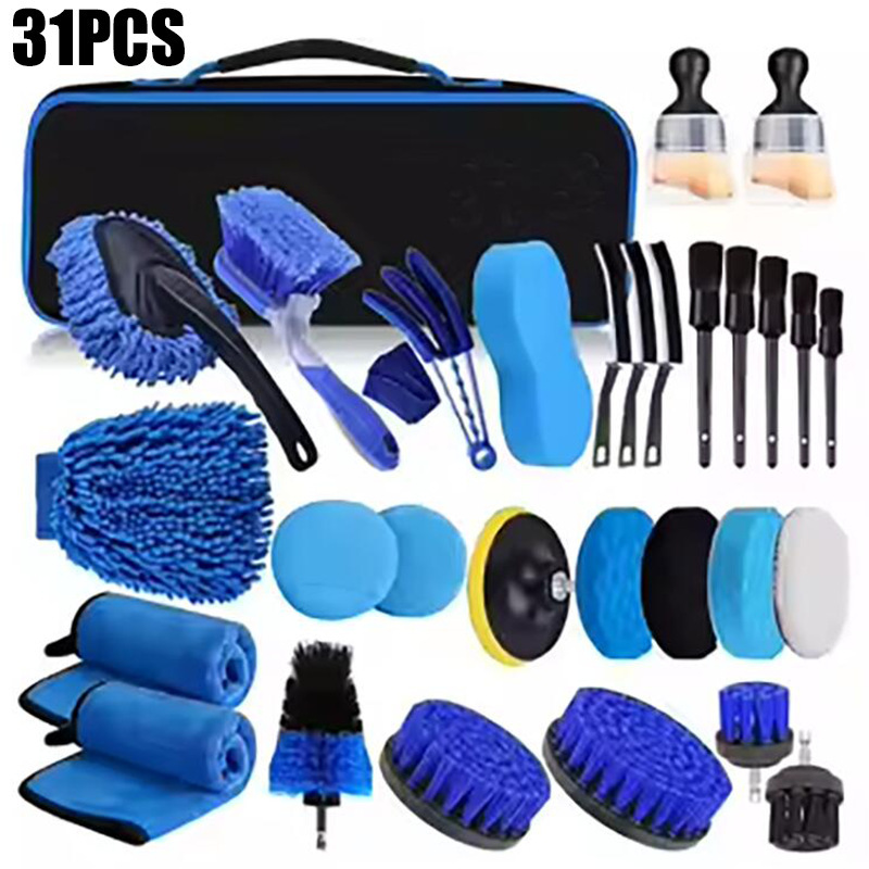 Cross-border explosions 31-piece car wash cleaning brush suit car interior cleaning brush electric drill brush head details brush sponge