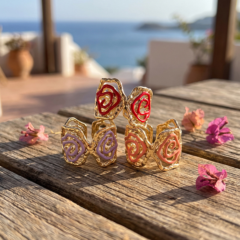 Tina Europa y los Estados Unidos acero inoxidable transfronterizo nicho de diseño esmalte goteo esmalte de moda flores rosas anillo abierto