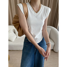 司南 褶皱掐腰曲线感 法式V领小飞袖显瘦设计感短袖T恤 SN3549