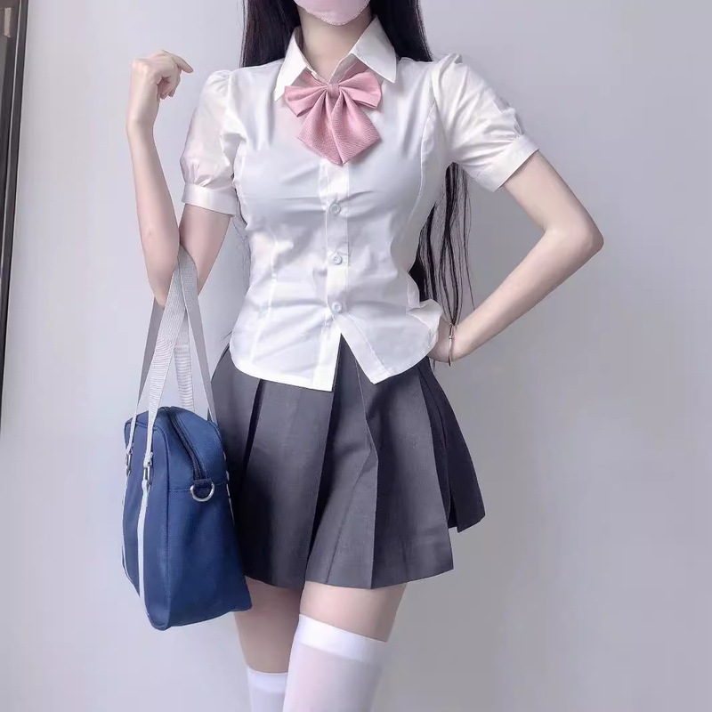 JK uniform waist-tight short-sleeved shirt College Style hot girl all-match puff sleeve white shirt design slimming top JK uniform waist-tight short-sleeved shirt College Style hot girl all-match puff sleeve white shirt design slimming top