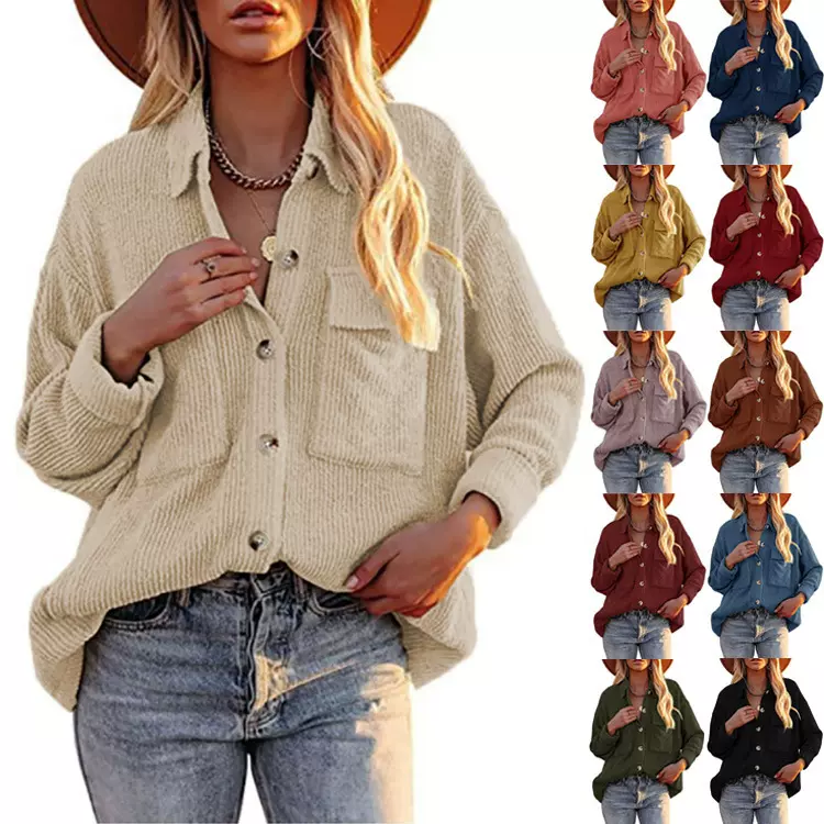 2025亚马逊秋冬新款女欧美纯色宽松灯芯绒翻领双口袋长袖衬衣外套