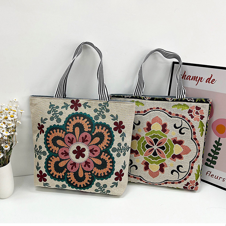 195g Weight Polyester Lining Material Zipper Closure Type Double Shoulder Straps Strap Type Canvas Bag Bags Type Holiday, Travel Occasion Canvas Material Geometric Pattern All Seasons Season Women's Gender Vacation, Ethnic Style Style Medium Size Women's Medium Canvas Geometric Vacation Ethnic Style Zipper Canvas Bag 13
