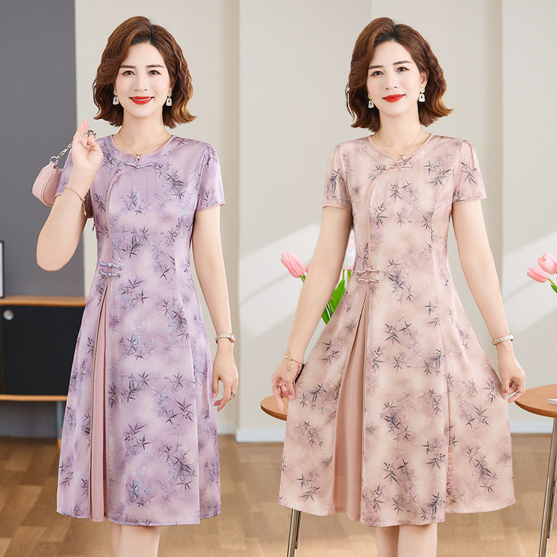 Mother's Summer Dress New Chinese Style dress Elegant National Style Improved Summer dress Middle-aged and Elderly Women's Western Style Skirt