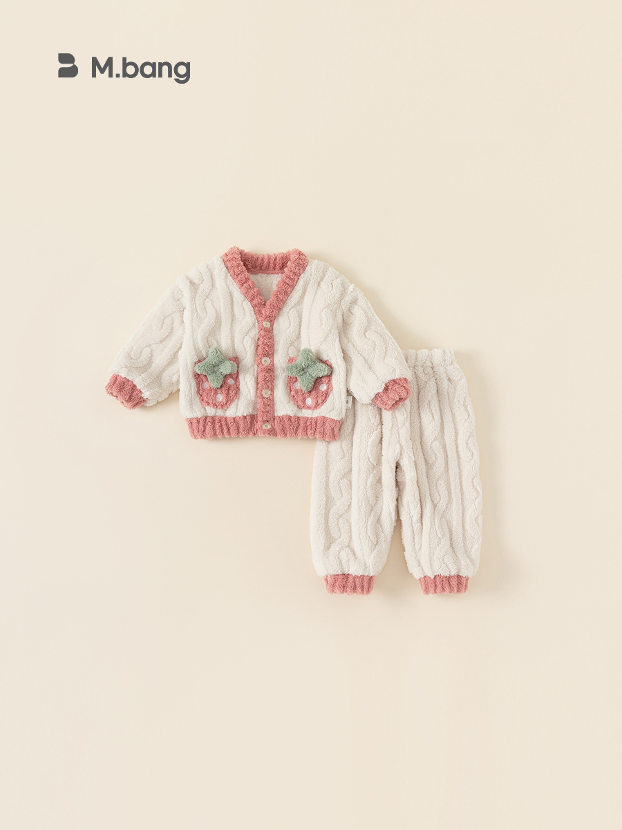 Youbao Ropa Infantil Conjunto de Pijama para Niñas Otoño e Invierno Conjunto de Dos Piezas de Suéter de Felpa con Estampado de Fresas para Niños DT23200