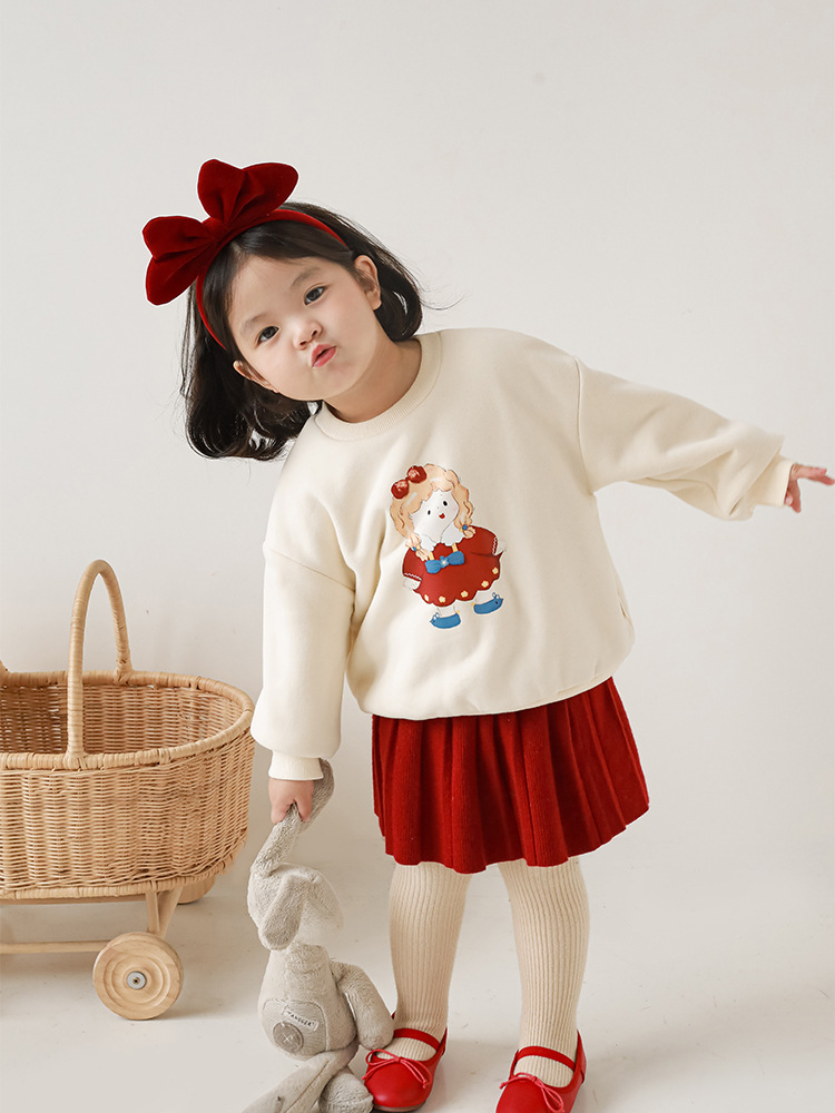 Qiuduo cute girls' cartoon printed sweater autumn and winter new children's Korean style fleece-lined casual top baby clothes