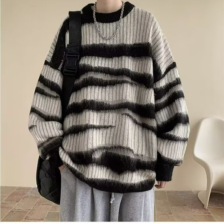 (2개) 가을과 겨울 라운드 넥 스웨터 남성용 아메리칸 스타일 트렌디 브랜드 대비 컬러 스트라이프 플러시 게으른 스타일 느슨한 간단한 니트 스웨터 재킷