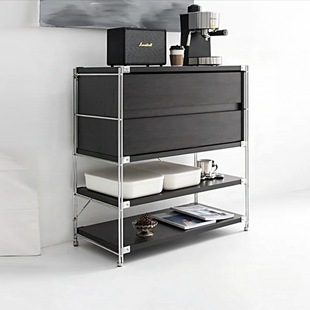 Double Drawer Stainless Steel Sideboard Kitchen Storage Rack Tea and Coffee Machine Storage Cabinet with Bookshelf, Mobile and Convenient
