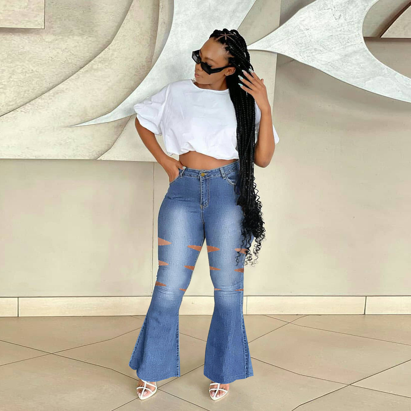 Plus Size Low Stretch Ripped Bootcut Jeans NSWL110972