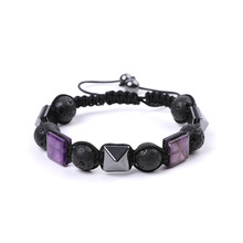 方形天然紫晶石金字塔编织手串赤铁矿粉晶绿东陵编织可调节手链