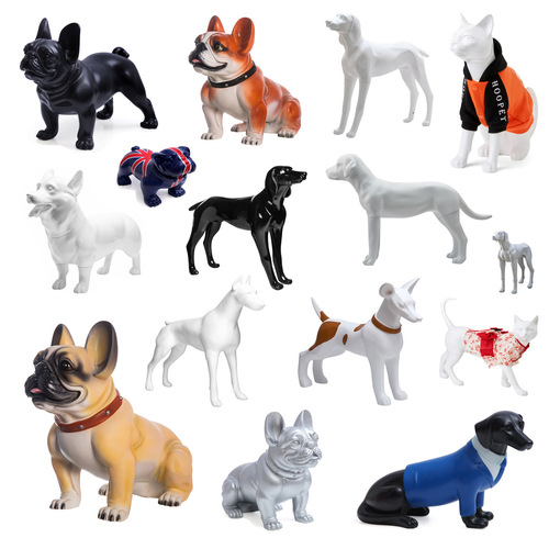Display of various styles and sizes of simulated pet figurines, showcasing pet clothing and pet accessories