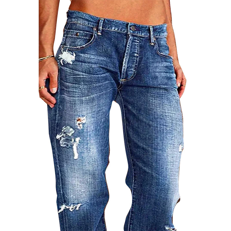 Cross-Border Foreign Trade Women's Denim European And American Trend Mid-Waist Ripped Casual Straight Pants Factory_ecoleips.com