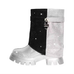 2024外貿新款圓頭厚底成型底水鑽鎖扣側拉鏈大碼時裝走秀女靴