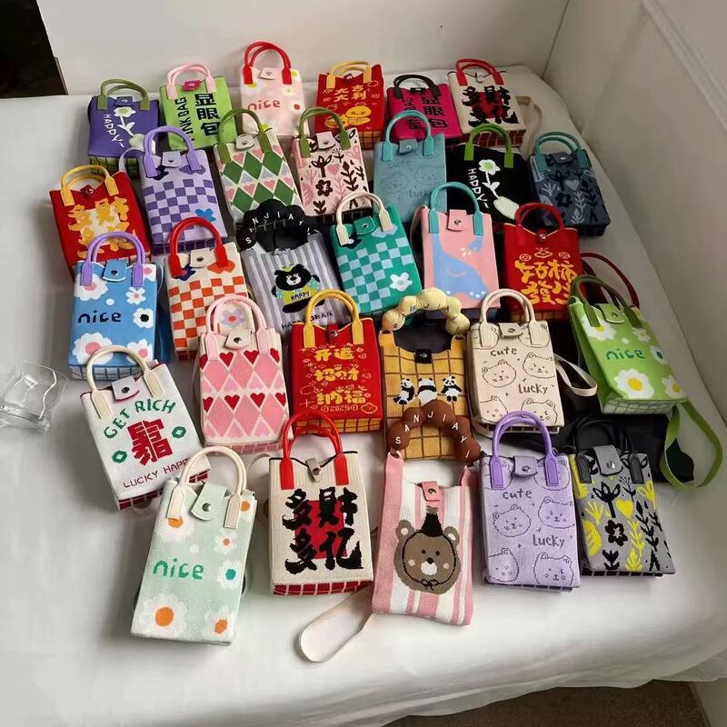 New Internet Celebrity Knitted Bag Mobile Phone Bag Fly Woven Bag Tote Bag Korean Style Hand Bag Large Capacity Female Student Shopping Bag
