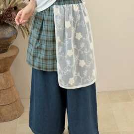 格子蕾丝屁帘阔腿裤 2026夏季新款 森女系松紧腰休闲牛仔裤子572