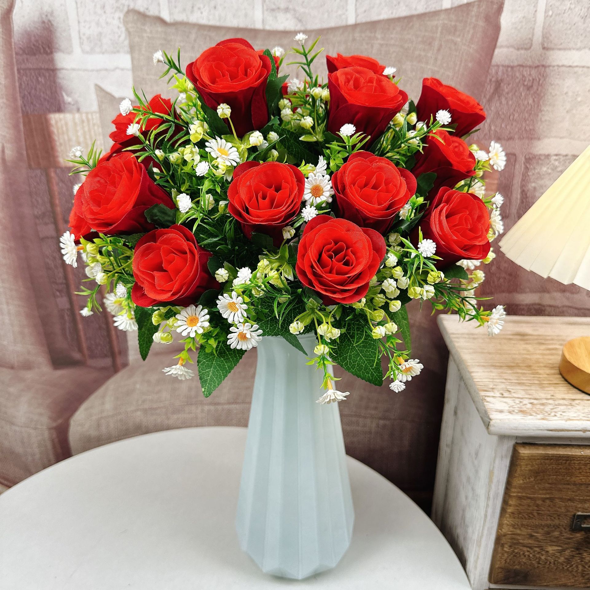 Flores falsas 18 flores de rosa rosa de tela de peluche de mano novia flor interior flor de seda flor de plástico