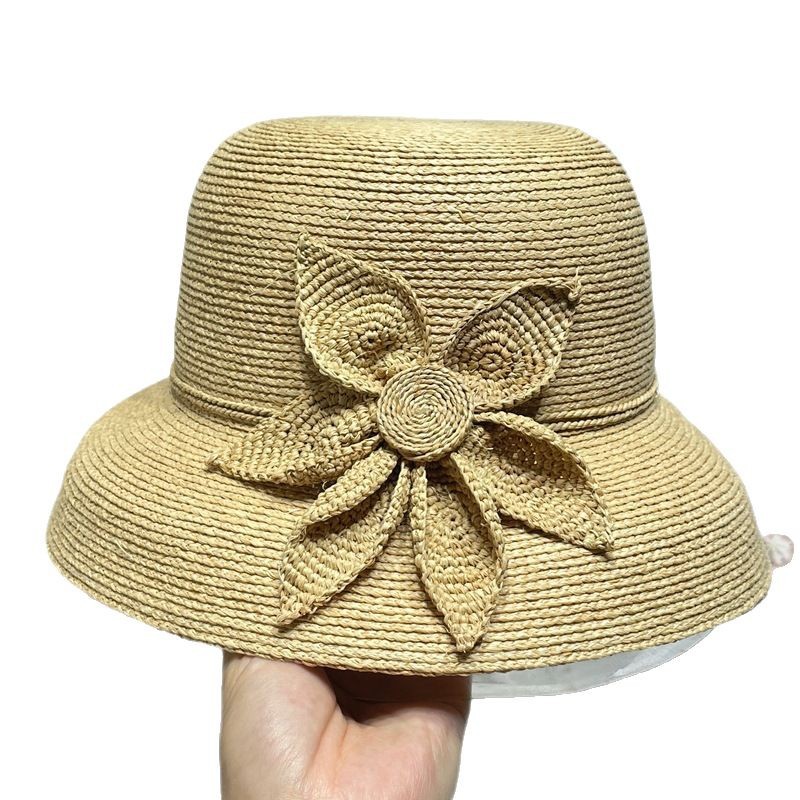 Hepburn Style Floral Raffia Straw Bucket Hat For Summer Beach_voghion.com