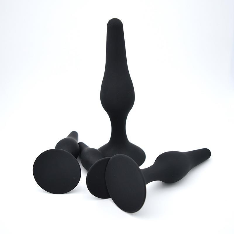 Silicone Anal Plug 4-Piece Set with Suction Cups, Black Body-Safe Training Kit — detail image 7