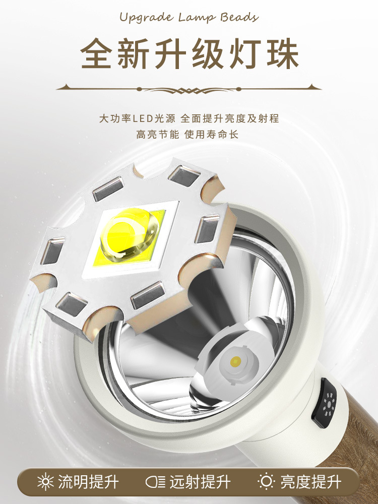 Nuevo grano de madera de aleación de aluminio transfronterizo luz fuerte linterna de largo alcance USB recargable batería incorporada linterna LED de mano