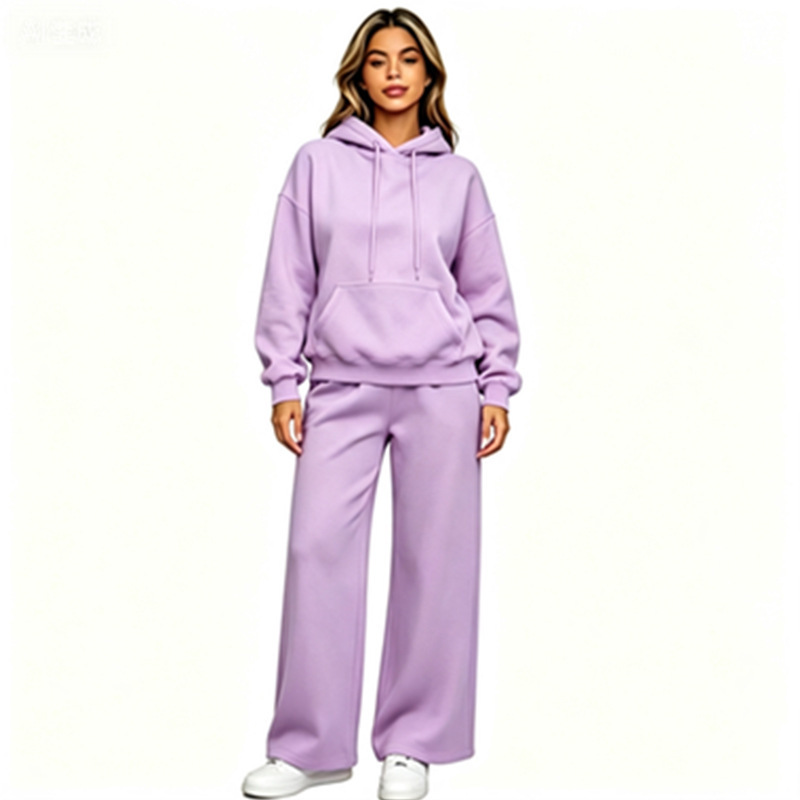 Women's casual two-piece set for foreign trade: solid color, drop-shoulder sleeves with drawstring + wide-leg pants, fleece-lined, autumn and winter sportswear Women's casual two-piece set for foreign trade: solid color, drop-shoulder sleeves with drawstring + wide-leg pants, fleece-lined, autumn and winter sportswear