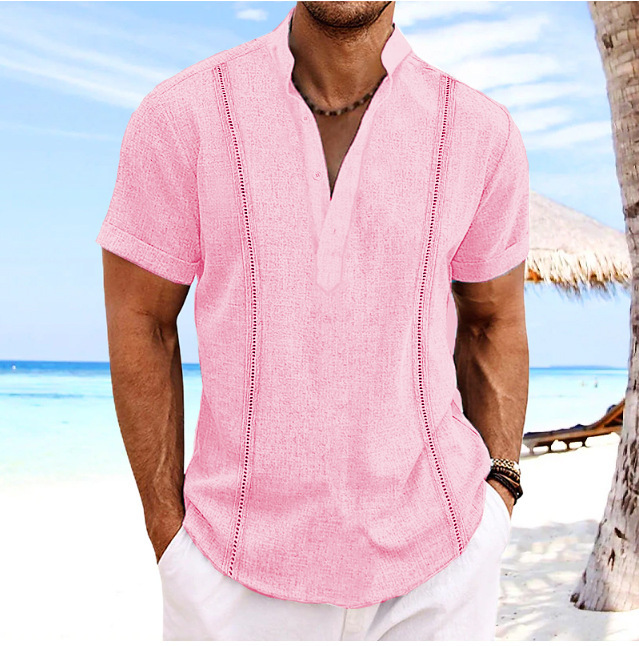Camisa de lino y algodón para hombre con cuello mao playa_voghion.com