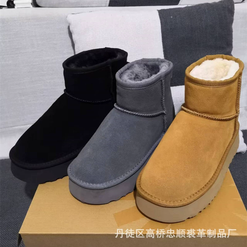 2023 Новые зимние сапоги из воловьей кожи, женские ботинки на толстой подошве с хлопковой подкладкой, сапоги из утолщенной искусственной шерсти на флисовой подкладке