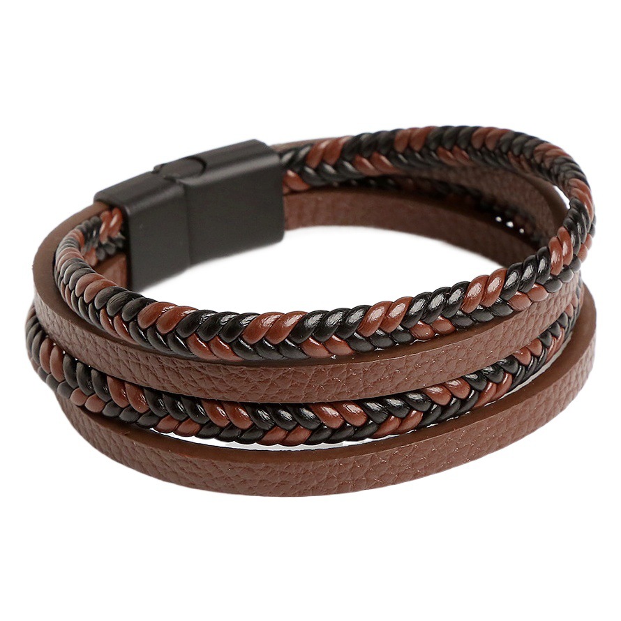 Cross-border cuero tejido a mano brazalete hombre hebilla magnética pulsera de acero inoxidable joyería mujer Yiwu fábrica al por mayor simple